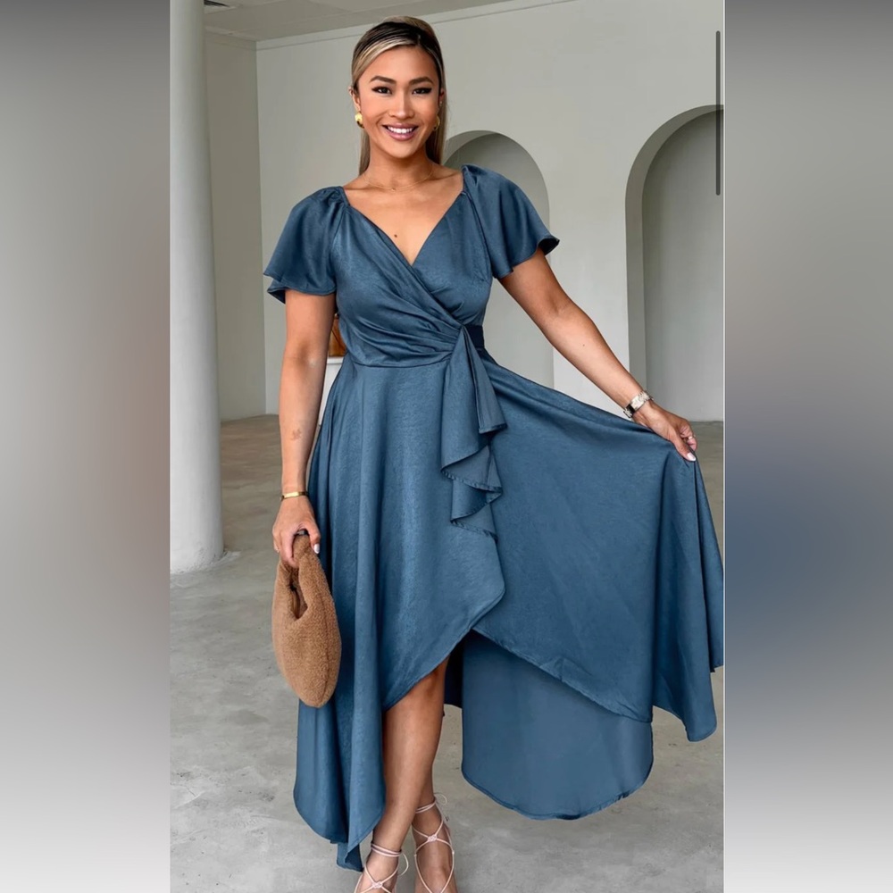 By Amica Rossetti Short Sleeve Wrap Dress in color Steel Blue